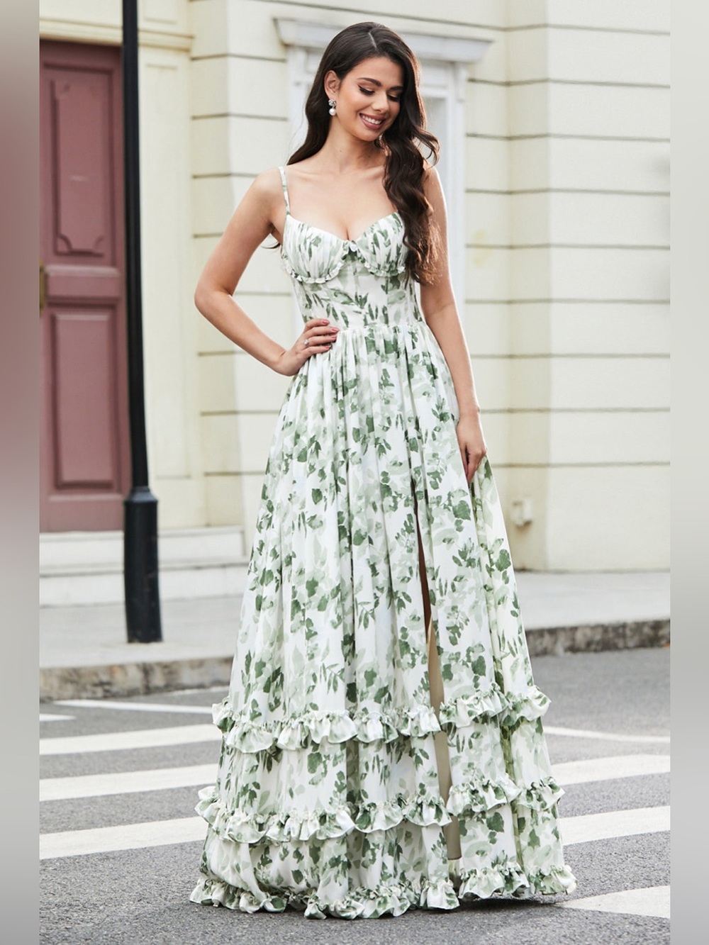 Women’s Green Leaf-Print Maxi Dress with Side Slit - Picture 3 of 9
